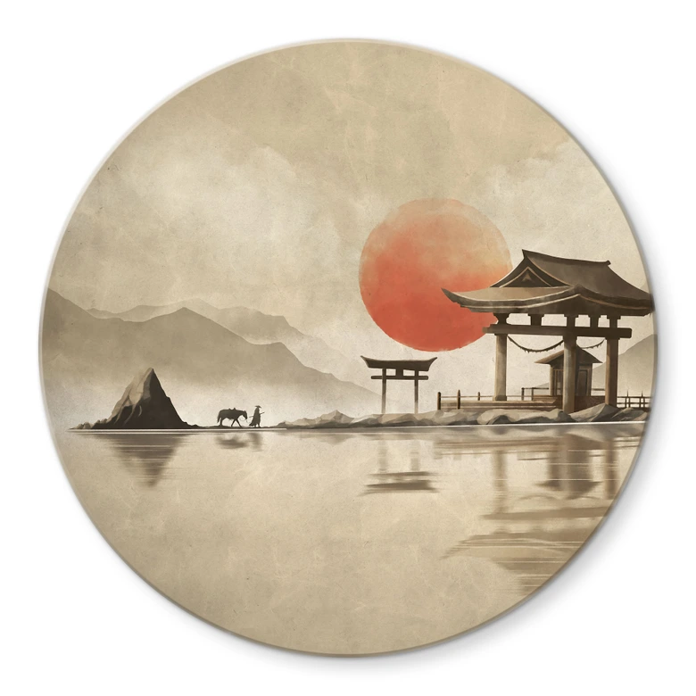 Glasbild Japanischer Tempel im Sonnenaufgang - Roze - Rund 