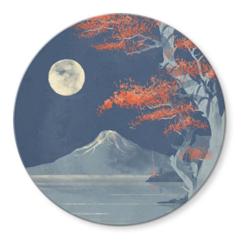 Glasbild Vollmond über dem Gipfel des Fuji-san - Roze - Rund 