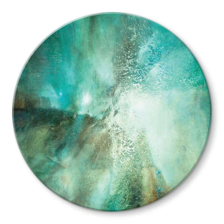 Glasschilderijen Abstract turquoise in licht en structuur - Schmucker - Rond 
