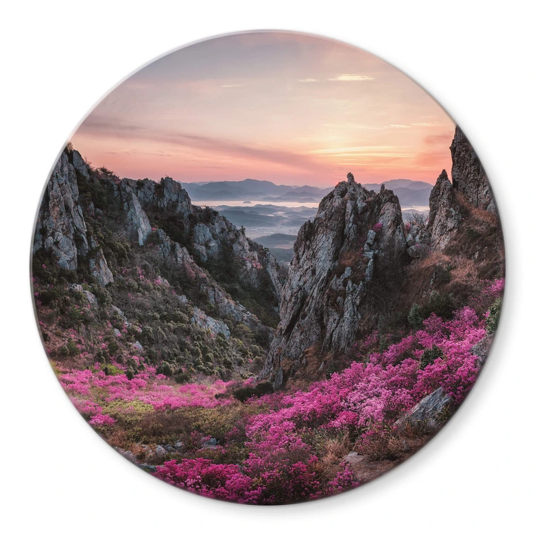 Glasbild Seo - Felsige Landschaft im Sonnenuntergang - Rund 