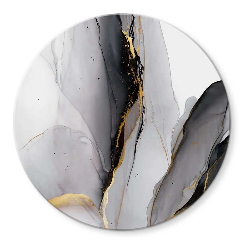 Glass Wall Art Abstract Composition in Gold and Gray - Shelest - Round 