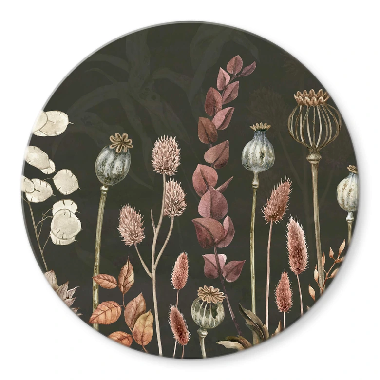 Glasbild Sir Edward - Trockenblumen Oliv - Rund 