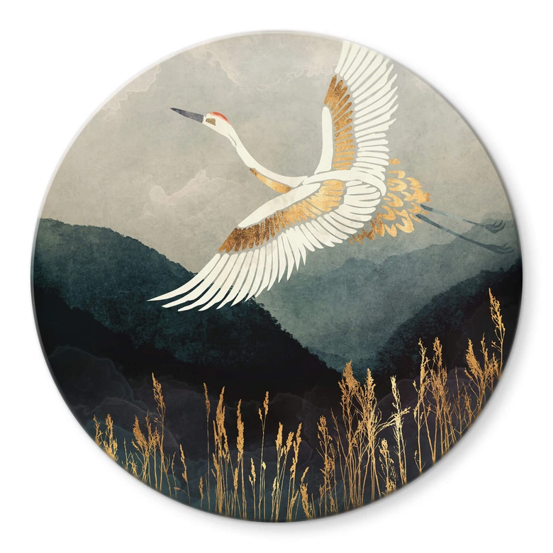 Glasschilderij Rond SpaceFrog Designs - Elegante Kraanvogel - Japandi 