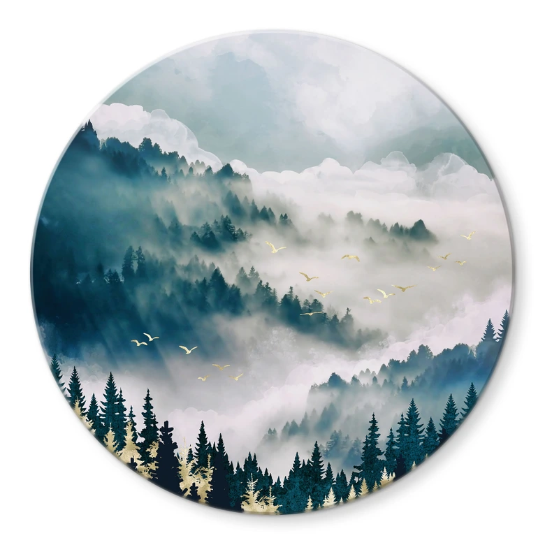 Glasbild Geheimnisvoller Nebel im Wald - SpaceFrog Designs - Rund 