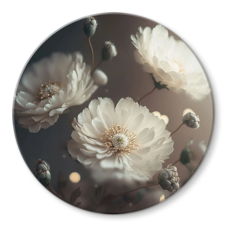 Tableau en verre Fleurs blanches avec poussière d'or - Treechild - Rond 