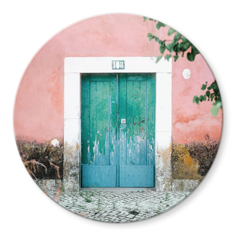 Tableau en verre Façade de maison méditerranéenne à Lisbonne - Zwart - Rond 