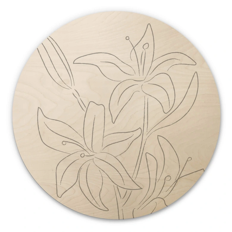 Holzbild 1X Studio - Line Art Floral - Minimalistische Blumen - Rund 