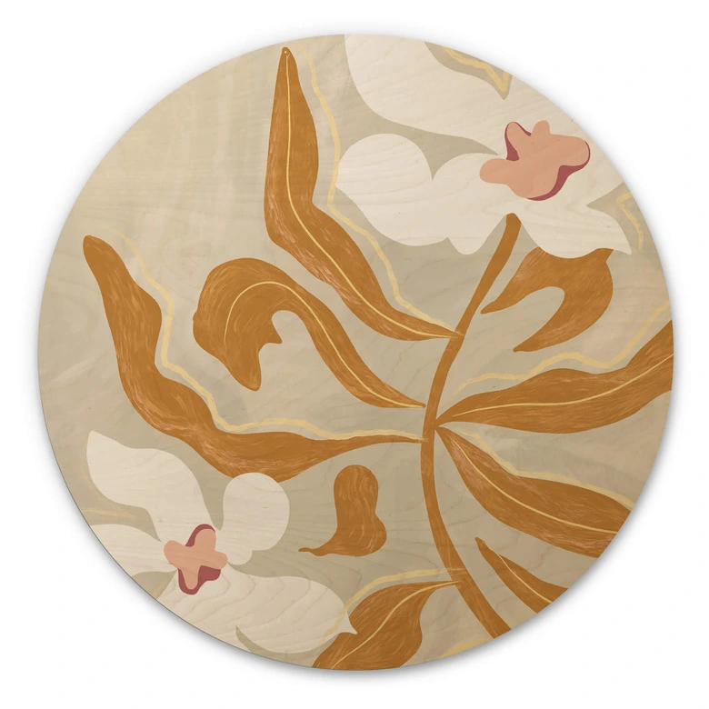 Trätavla Vit blomma och gyllene blad rund - Arty Guava 