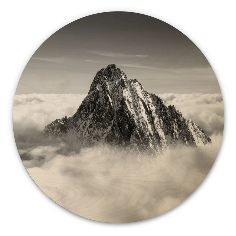 Holzbild Bergspitze über den weißen Wolken - Rund 