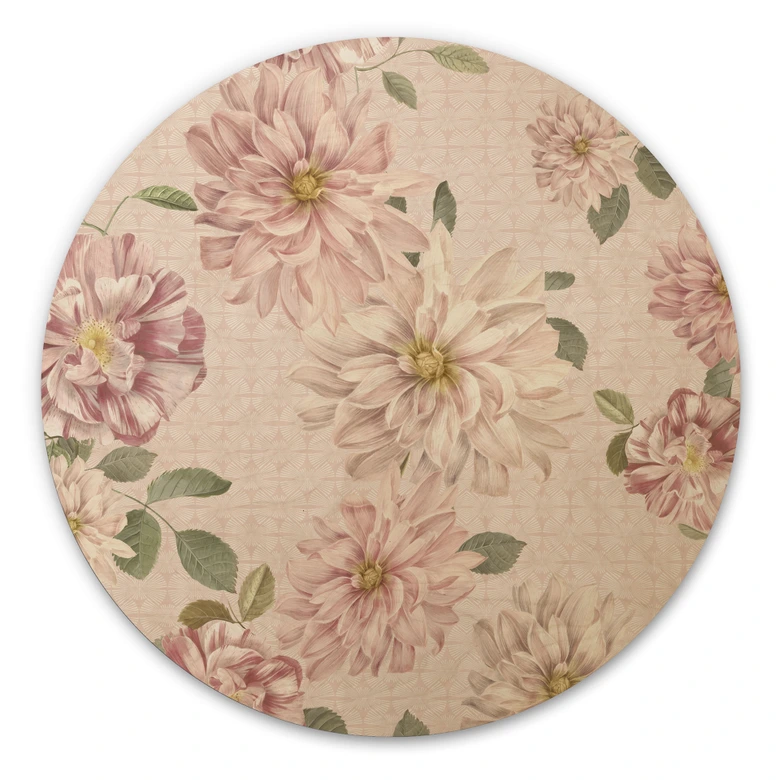 Tableau sur bois Dahlias Shabby Chic Rose - Bloomery Decor - Rond 