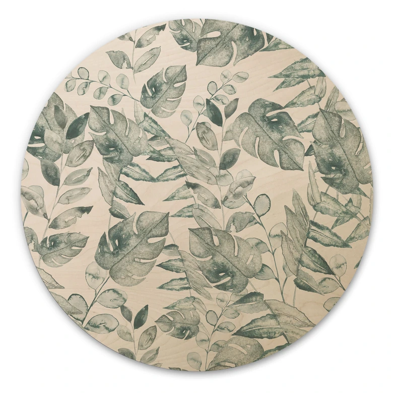 Holzbild Dschungelblätter Aquarell Creme - Bloomery Decor - Rund 