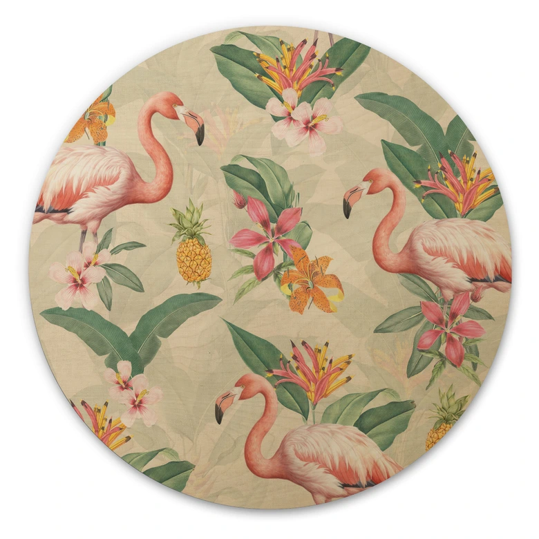Holzbild Flamingo und tropische Blätter - Bloomery Decor - Rund 