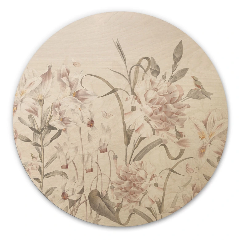 Tableau sur bois Prairie florale en rose clair - Bloomery Decor - Rond 