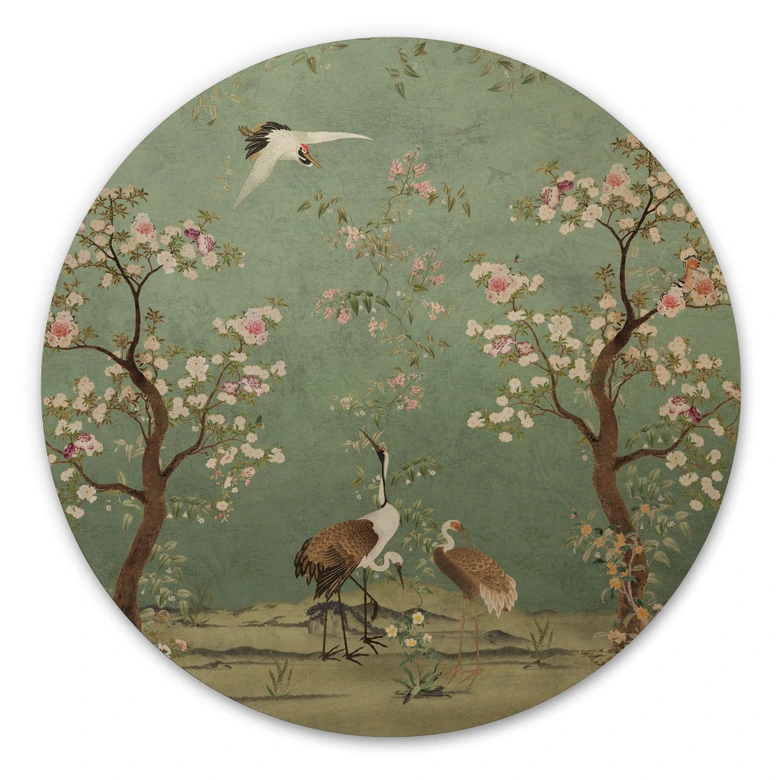 Cuadro de madera de grullas en un paisaje floral - Bloomery Decor - Redondo 