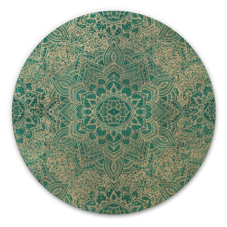 Billede af træ Mandala Boho Guldgrøn - Blomsterdekoration - Rund 