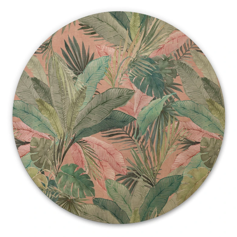 Tableau sur bois Feuilles tropicales dans la jungle rose - Bloomery Decor - Rond 