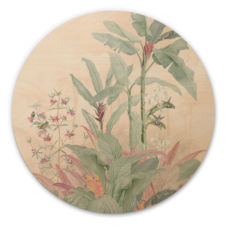 Holzbild Tropische Idylle mit Kolibri Apricot - Bloomery Decor - Rund 