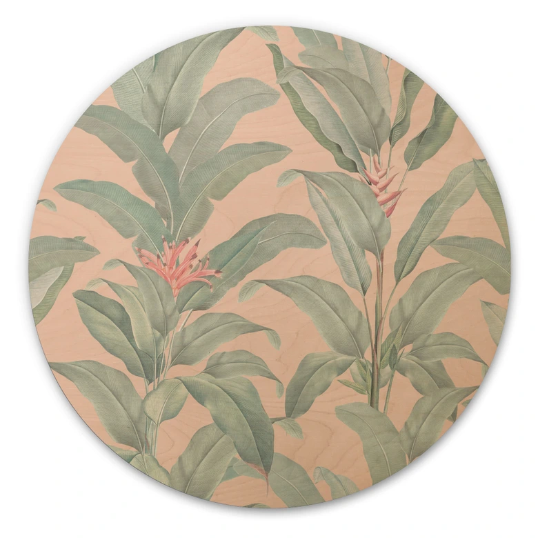 Holzbild Urban Jungle Tropenblätter Rosa - Bloomery Decor - Rund 
