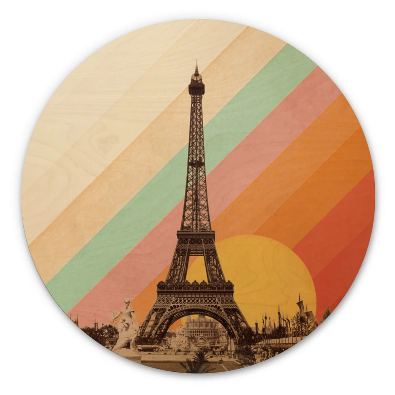 Tableau sur bois Bodart - Tour Eiffel rétro avec arc-en-ciel - Rond 