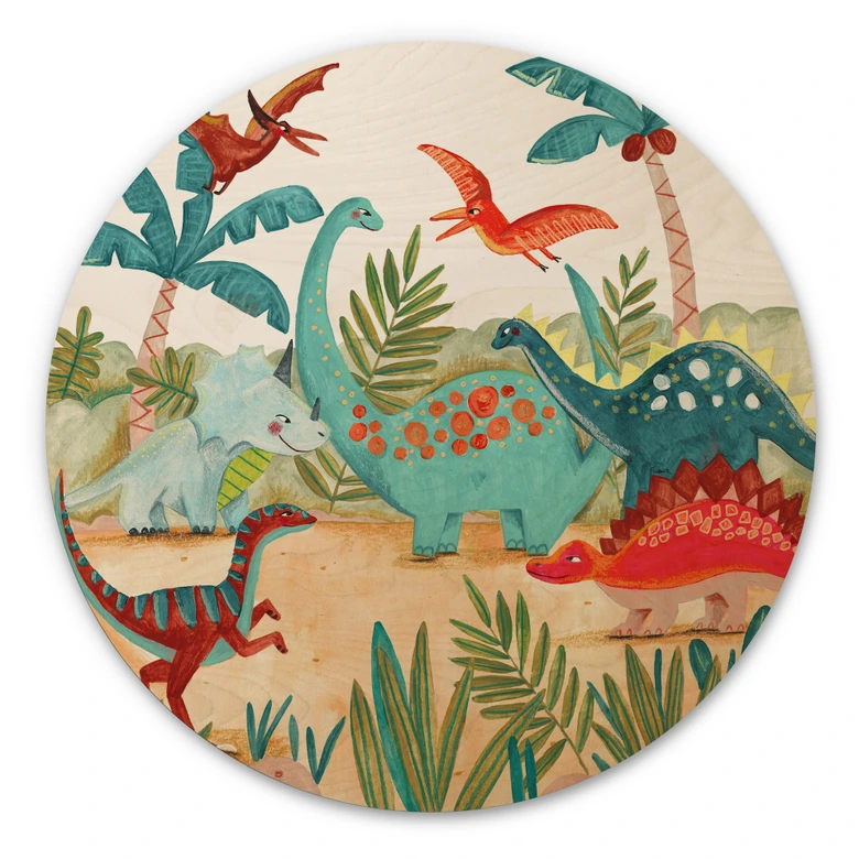 Holzbild Farbenfrohe Dinosaurier im Urzeitwald - Bonne Müller - Rund 