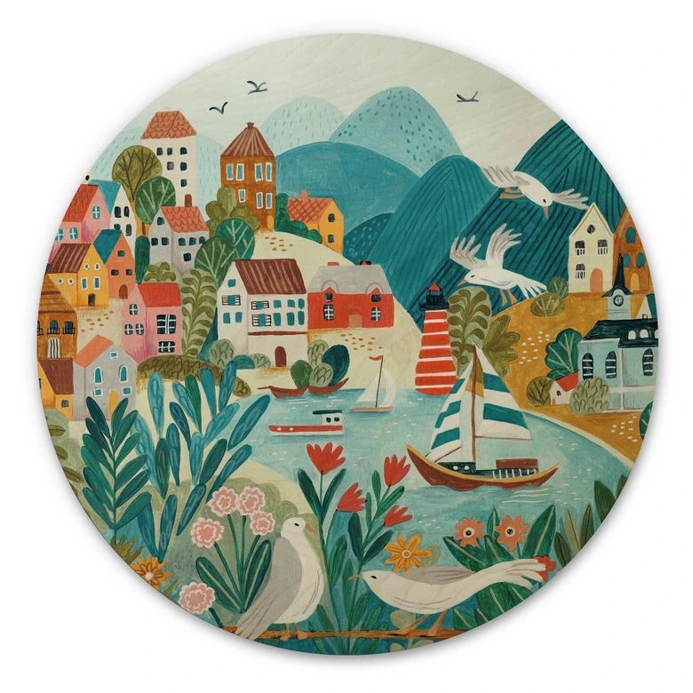 Cuadro de madera Colorido pueblo costero en verano - Bonne Müller - Redondo 