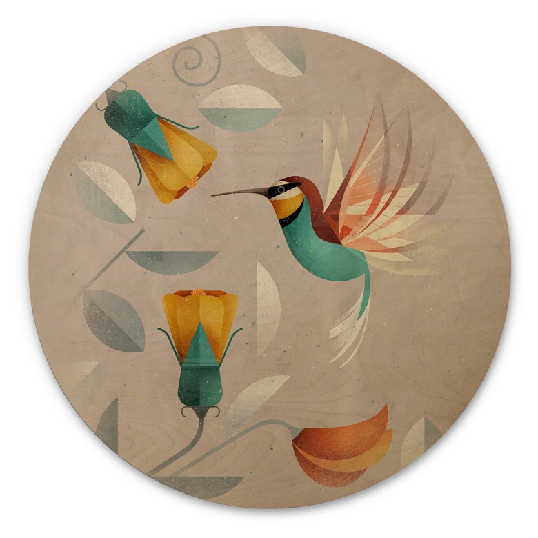 Holzbild Vogelmotiv - Kolibri Rund - Braun 