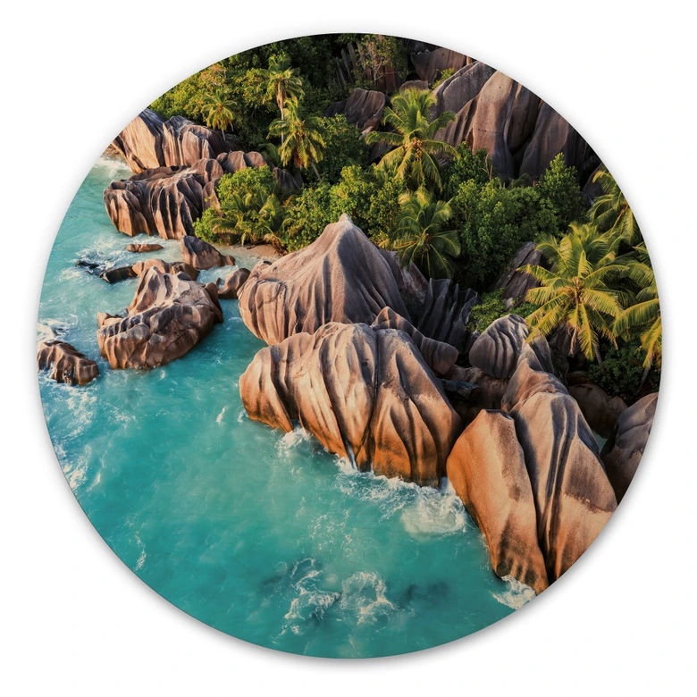 Holzbild Tropische Felsenküste der Seychellen - Colombo - Rund 