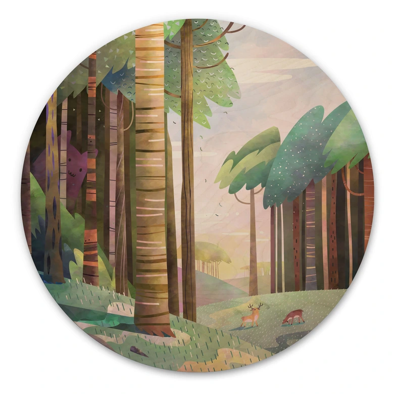 Holzbild Sonniger Wald mit Hirsch - DigitalArtsi - Rund 
