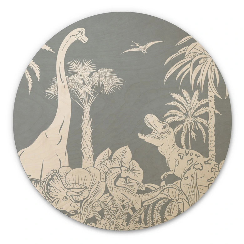Trätavla I dinosauriernas land - Blå - Kikki Belle - Rund 