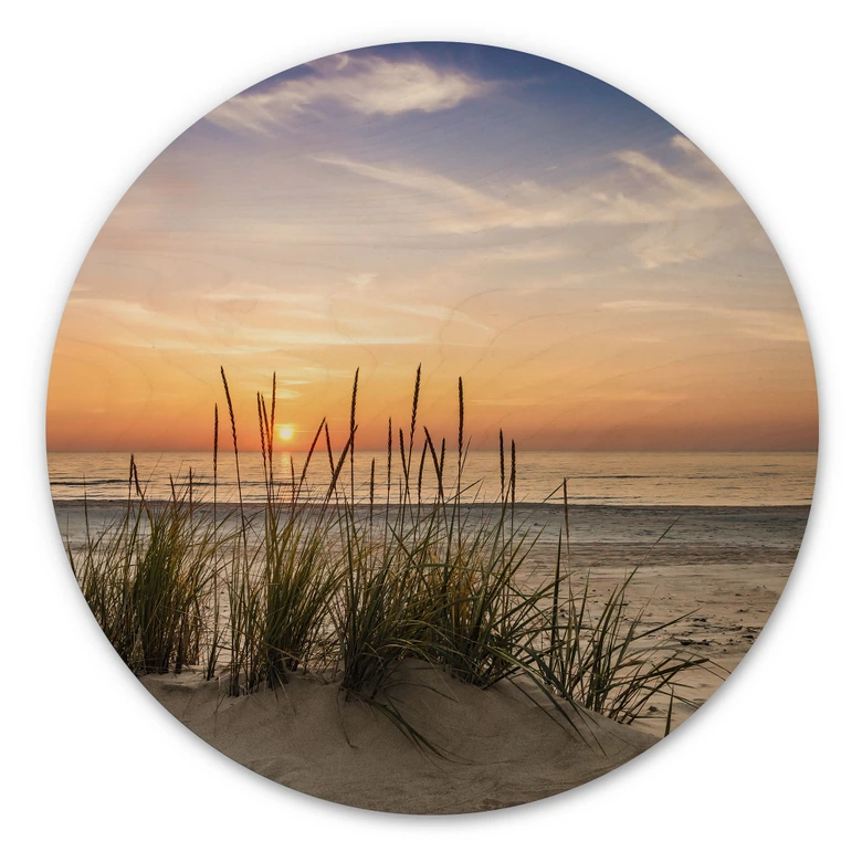 Trätavla sanddyn på stranden vid solnedgången - Rund 