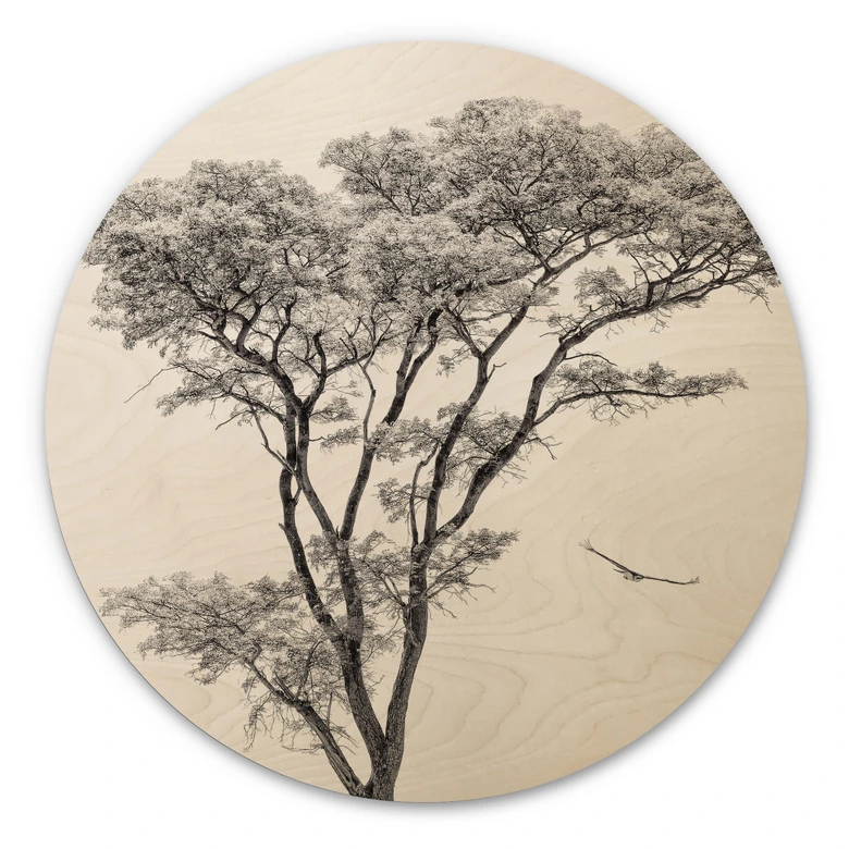 Holzbild Minimalistischer Baum in ruhiger Landschaft - Flour - Rund 