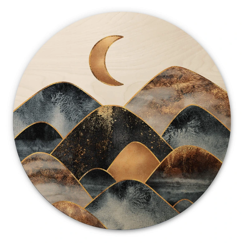 Cuadro de madera Fredriksson - Montañas a la luz dorada de la luna - Redondo 