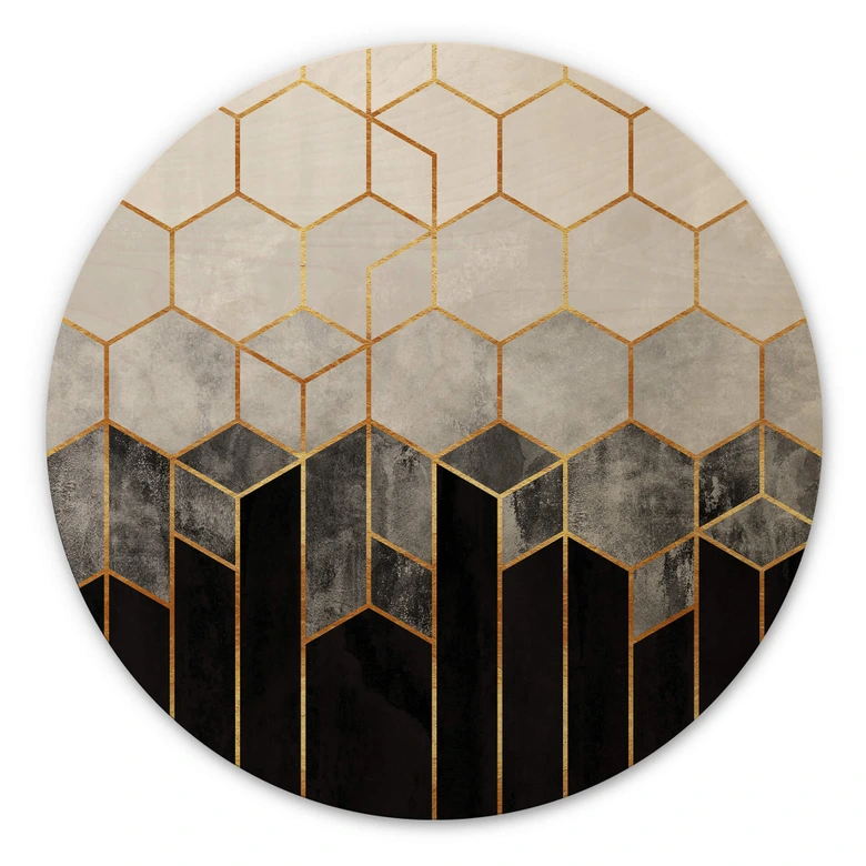 Holzbild Fredriksson - Hexagone: Schwarz und Grau - Rund 