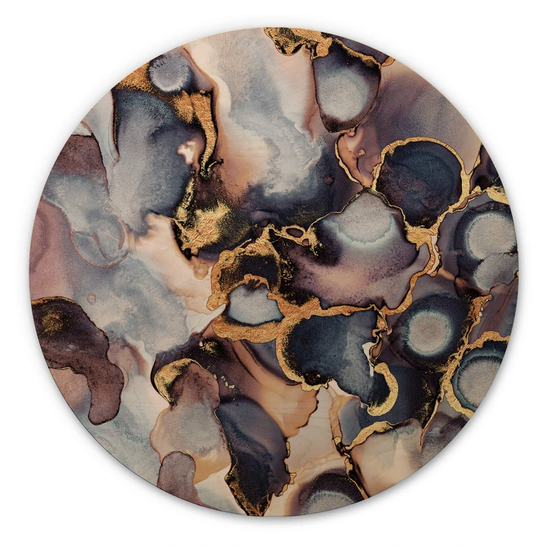 Tableau sur bois rond Fredriksson Encre : rose et dorée 