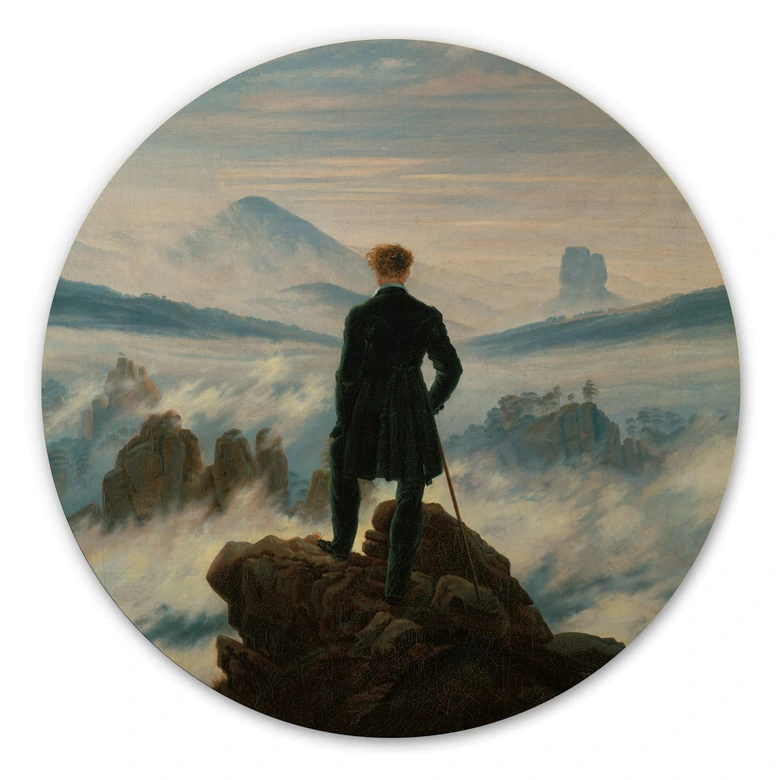 Tableau sur bois rond Friedrich - Le vagabond au-dessus de la mer de brouillard 