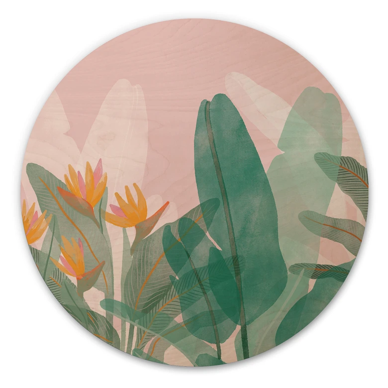 Holzbild Botanische Illustration in Grün und Rosa - Goed Blauw - Rund 