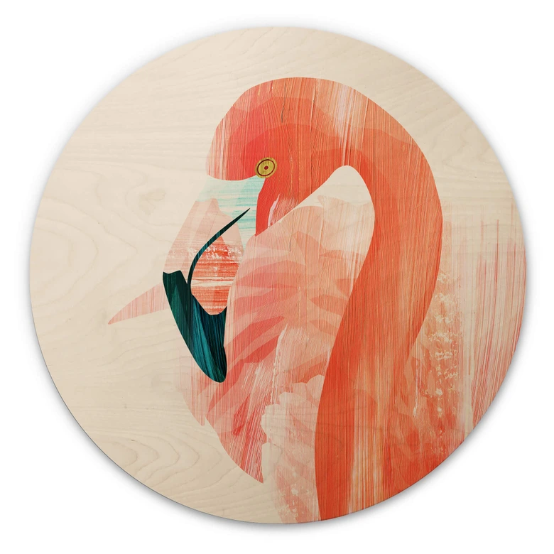 Holzbild Goed Blauw - Pink Flamingo - Rund 