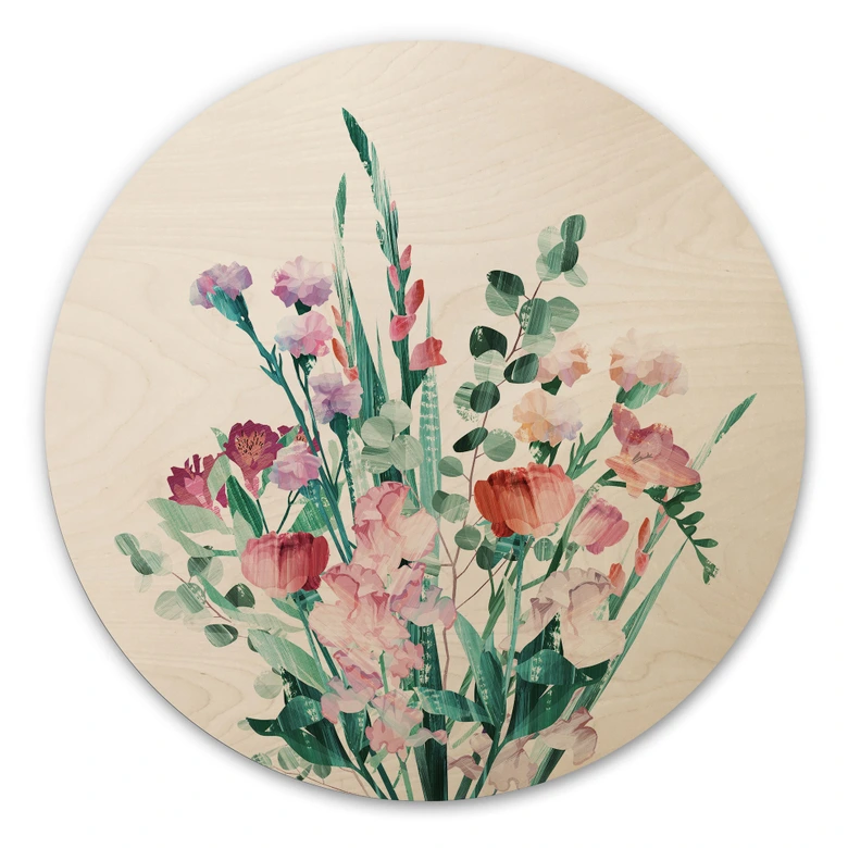 Holzbild Wildblumen Bouquet im Frühling - Goed Blauw - Rund 