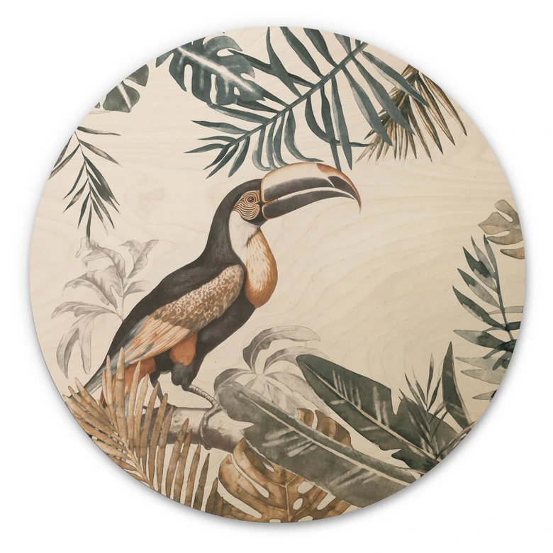 Wandcirkel Hout Tropisch bos met toekan - Haase 
