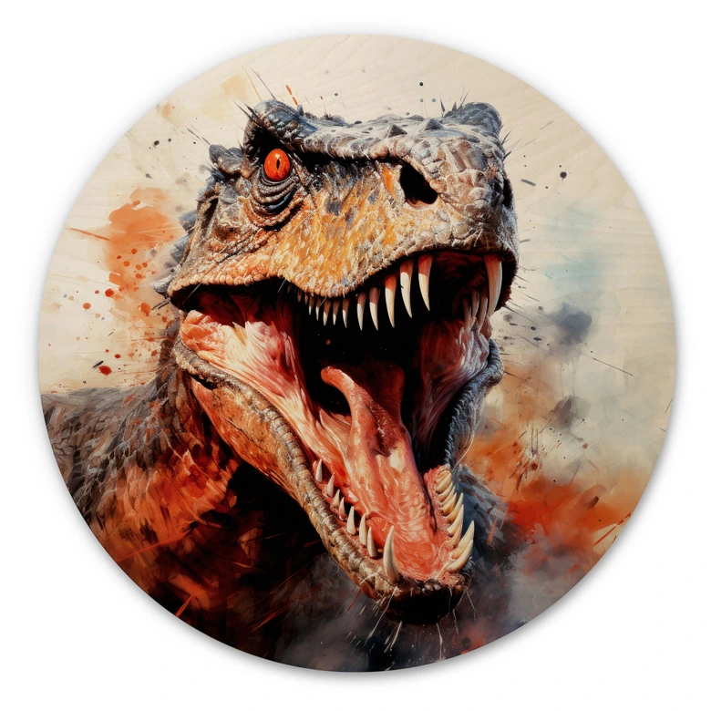 Holzbild T-Rex: Das wilde Gesicht der Urzeit - Jaszke - Rund 