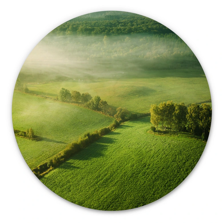 Trätavla Idylliska fält i dimman - Keller - Rund 