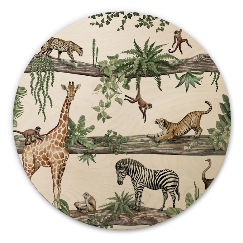 Holzbild Afrikanische Tiere im Dschungel - Kikki Belle - Rund 