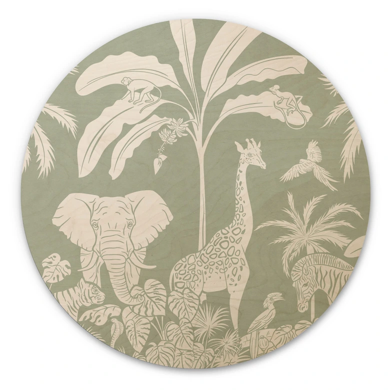Cuadro de madera animales de la jungla en verde tropical - Kikki Belle - Redondo 