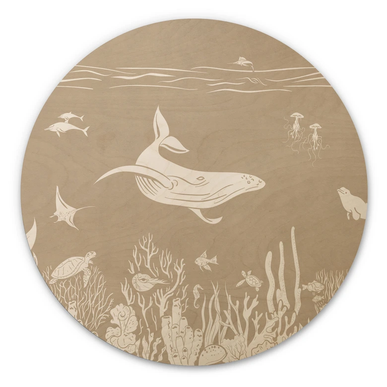 Houten Wanddecoratie zeedieren in de oceaan - Bruin - Kikki Belle - Rond 