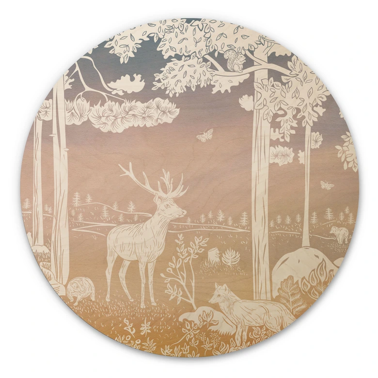 Holzbild Friedlicher Wald mit Hirschen und Füchsen - Ombre - Kikki Belle - Rund 
