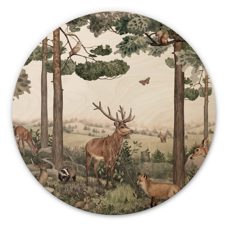 Tableau sur bois rond Kikki Belle - Animaux indigènes dans la forêt 