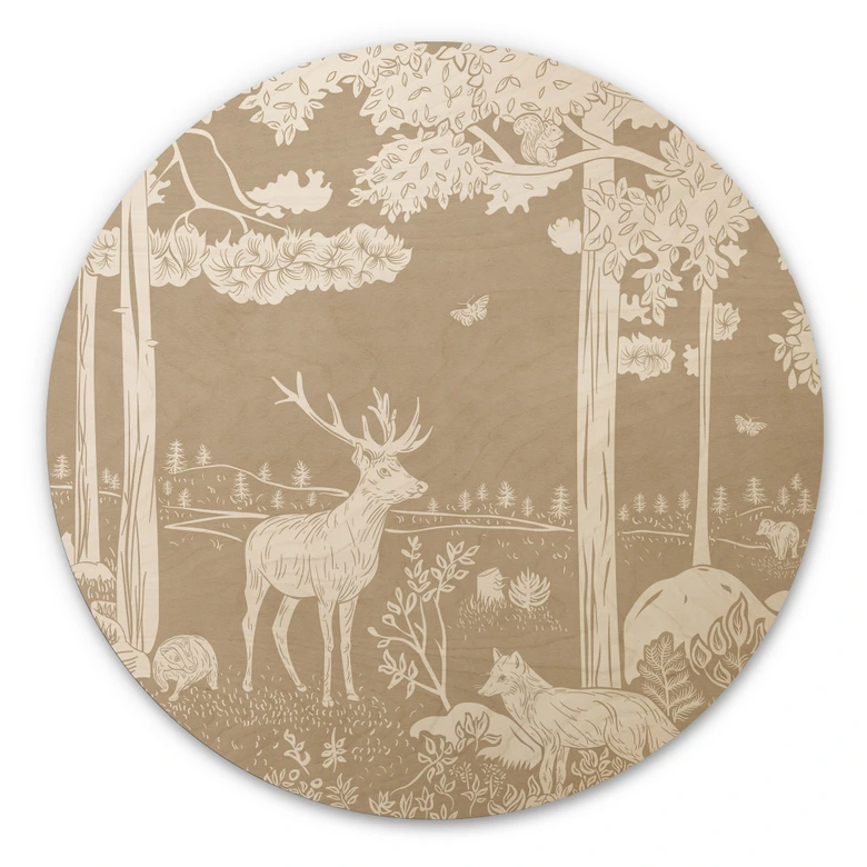 Holzbild Herbstlicher Wald mit Hirschen und Füchsen - Braun - Kikki Belle - Rund 