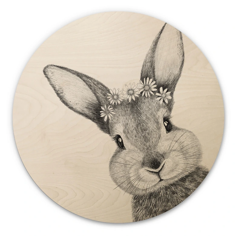 Holzbild Niedlicher Hase mit Kamillenblumen - Korenkova - Rund 