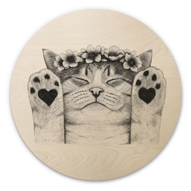 Obraz drewniany Słodki kot z łapkami w kształcie serca - Korenkova - Okrągły 