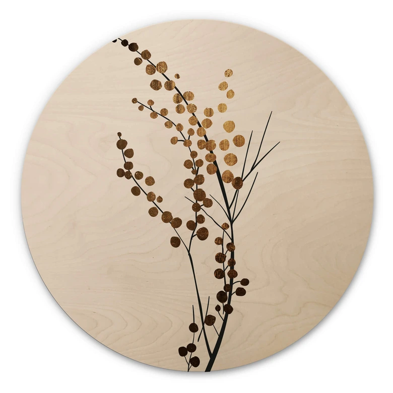 Holzbild Kubistika - Goldener Zweig - Rund 